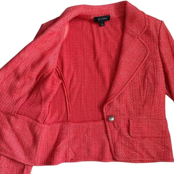 St. John Metallic Single Button Tweed Blazer‎ Coral Size 12
